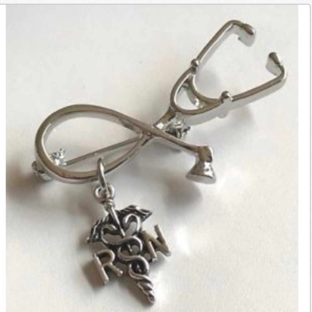 Silver RN Caduceus Stethoscope Pin Brooch